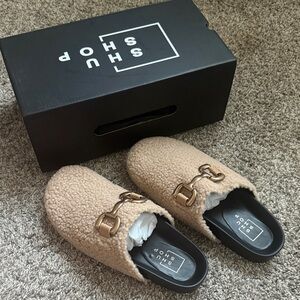 Tan Fuzzy Slip-On Mules with Gold Buckle
